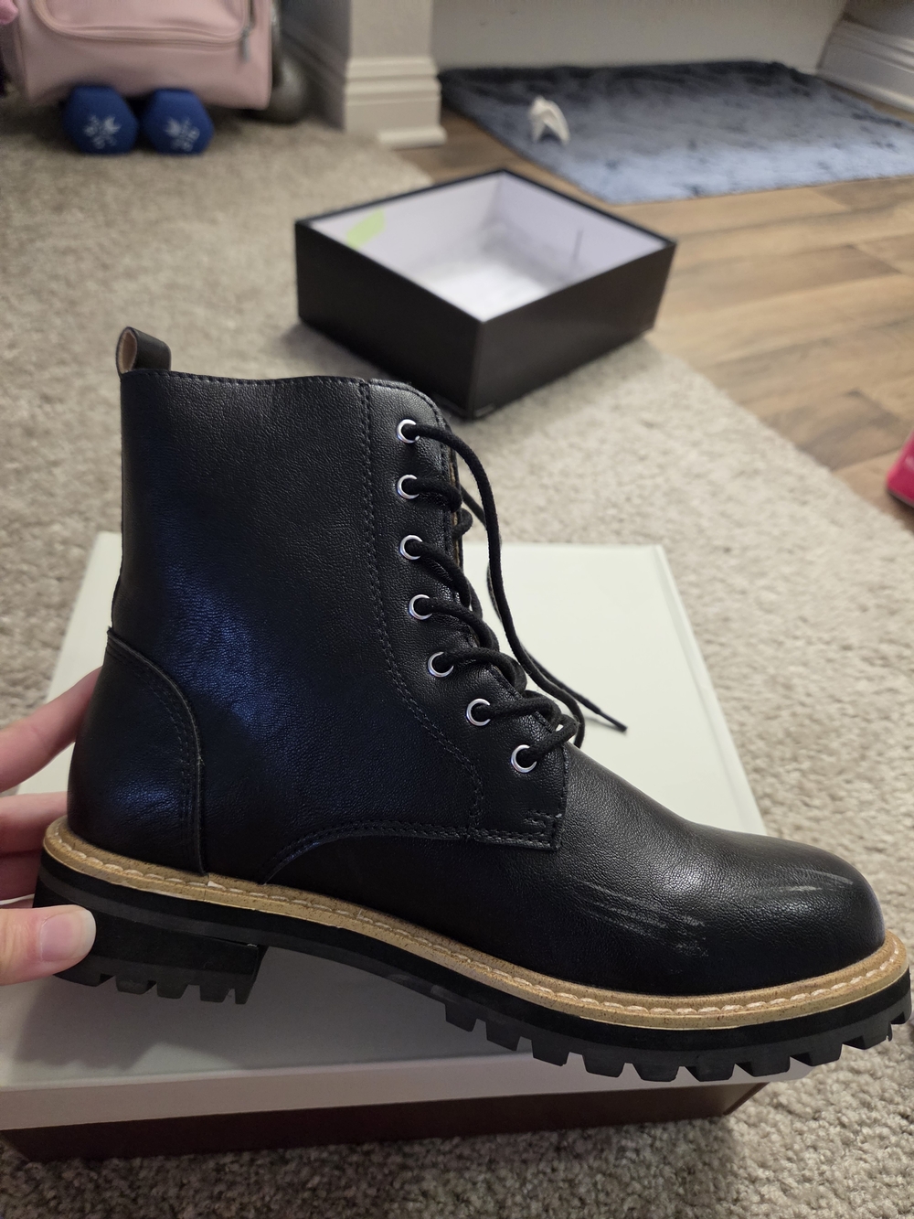 DREW Black Lace-Up Combat Boots with Tan Welt